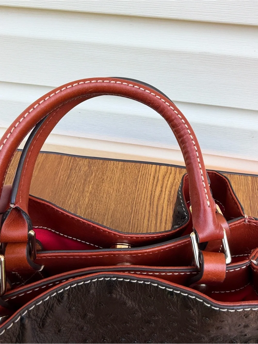 Dooney & Bourke Ostrich Embossed Leather Satchel Tote Black Brown M/L Bag